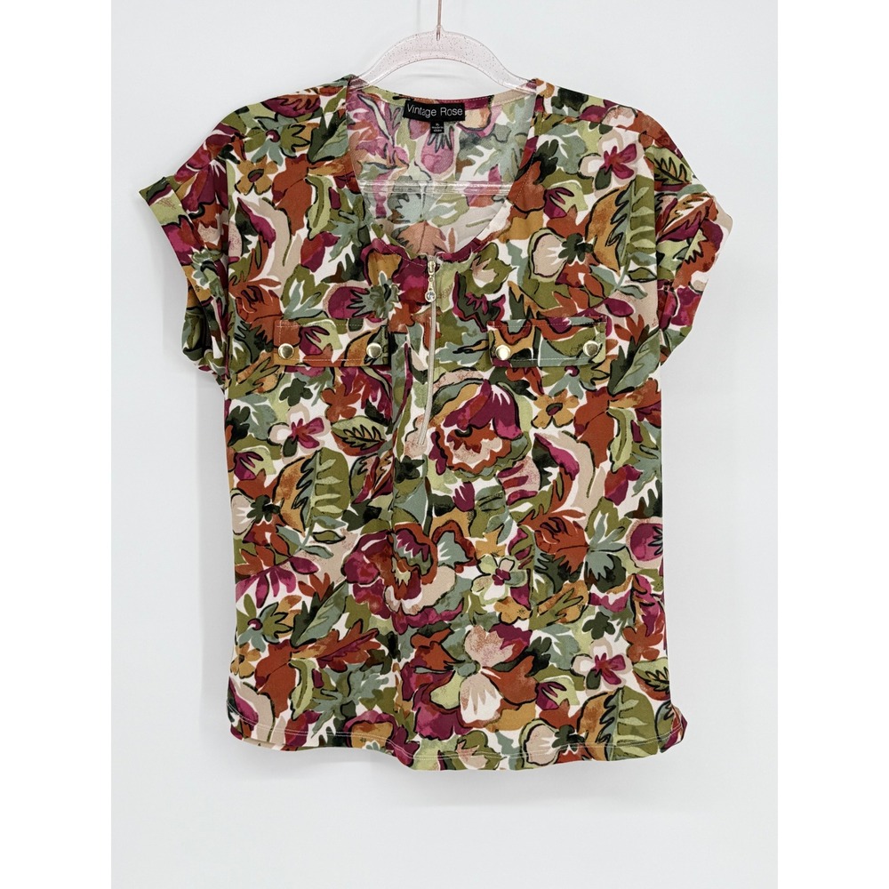 Vintage Rose Women's Floral Print Short Sleeve Zipper Front‎ Top XL